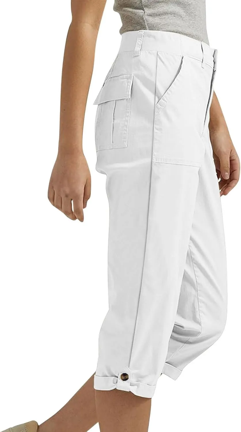 Womens Capris with Pockets Stretch Lightweight Casual Cargo Pants Rolled Hem Summer Cropped Trousers Outdoor Clothes