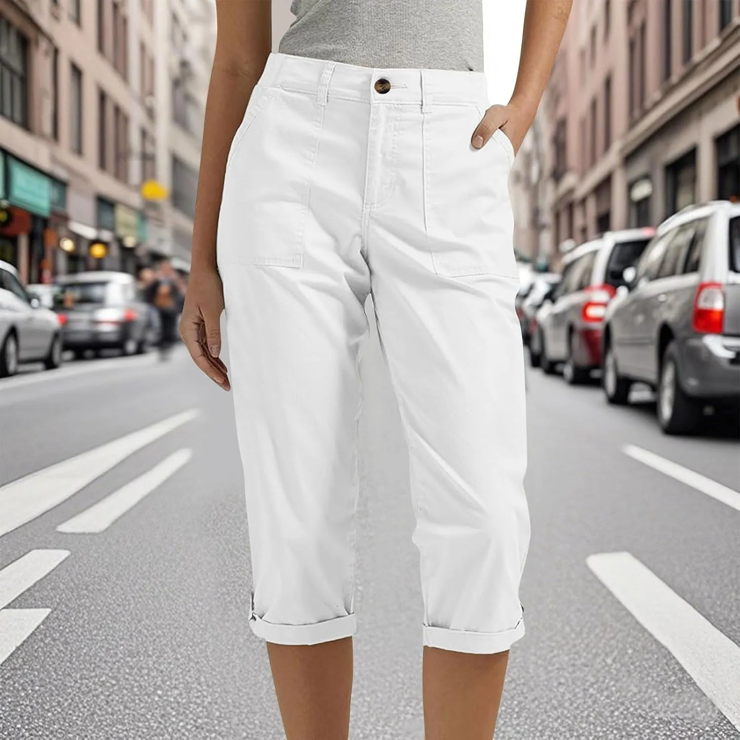 Womens Capris with Pockets Stretch Lightweight Casual Cargo Pants Rolled Hem Summer Cropped Trousers Outdoor Clothes