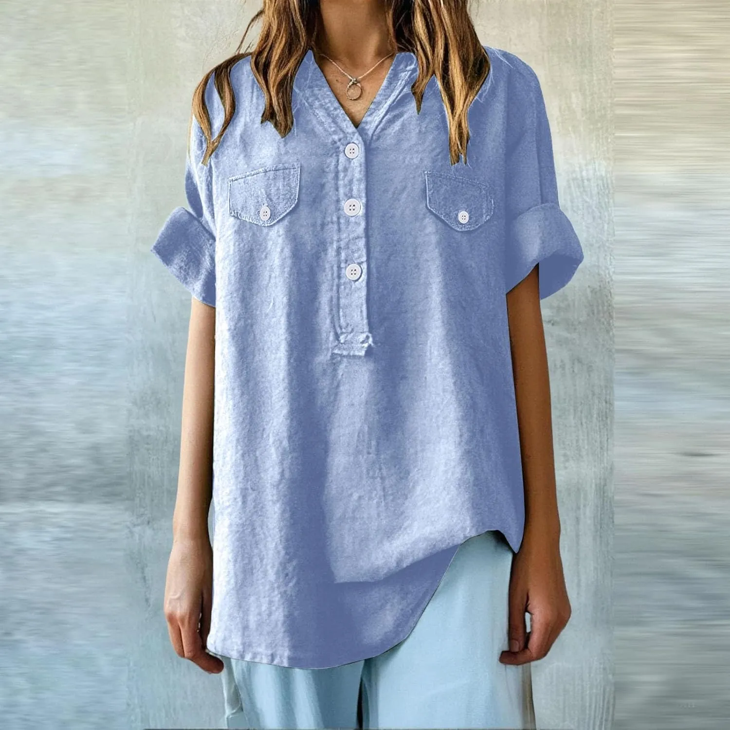 Womens Cotton Linen Shirt Button Down Roll Up 3/4 Sleeve with Pockets Tops Loose Casual Flowy V Neck Work Blouses