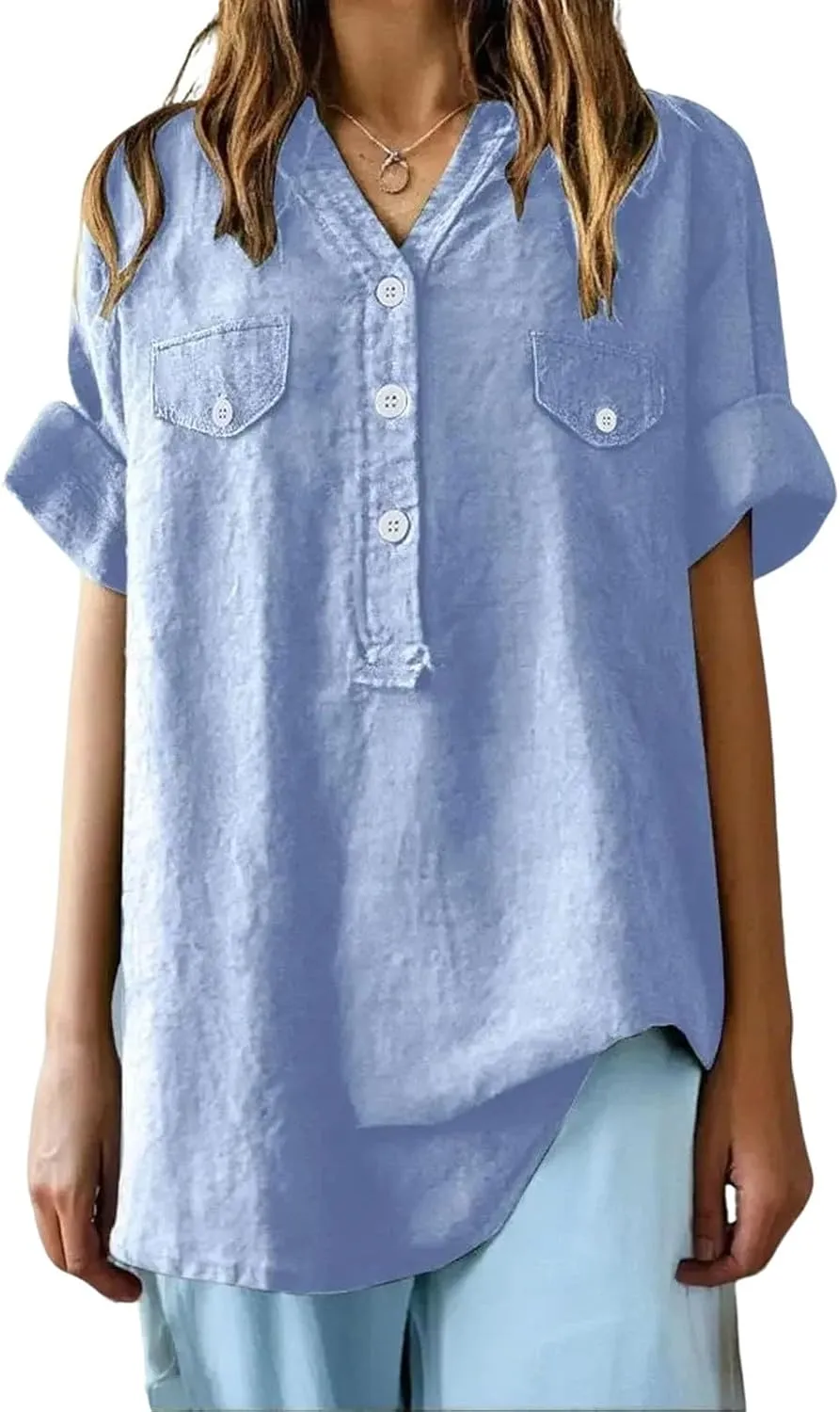 Womens Cotton Linen Shirt Button Down Roll Up 3/4 Sleeve with Pockets Tops Loose Casual Flowy V Neck Work Blouses