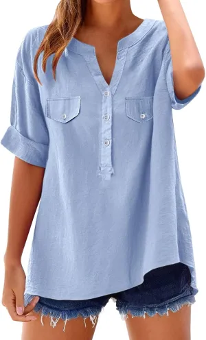 Womens Cotton Linen Shirt Button Down Roll Up 3/4 Sleeve with Pockets Tops Loose Casual Flowy V Neck Work Blouses