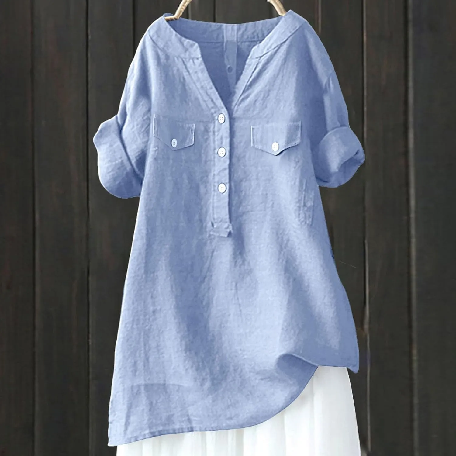 Womens Cotton Linen Shirt Button Down Roll Up 3/4 Sleeve with Pockets Tops Loose Casual Flowy V Neck Work Blouses