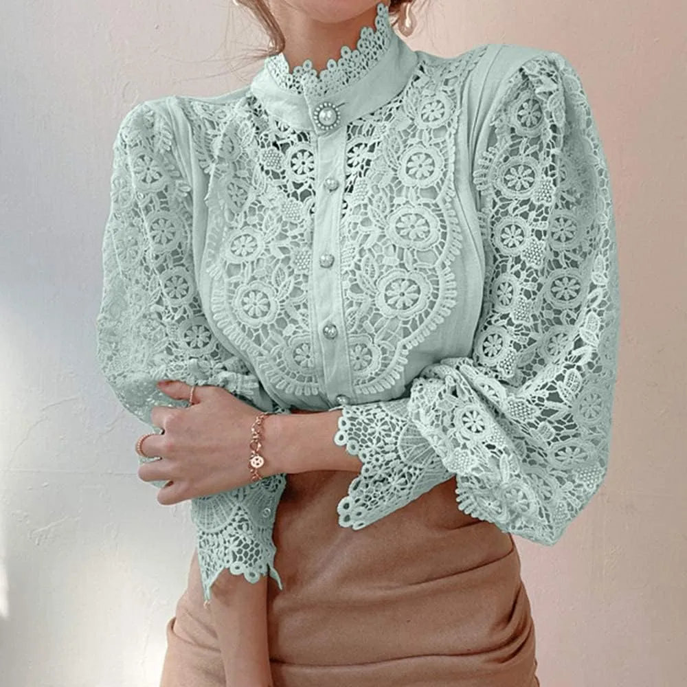 Women’s Elegant Lace Trim Shirts Casual Victorian Blouse Long Sleeve Button Down Tops