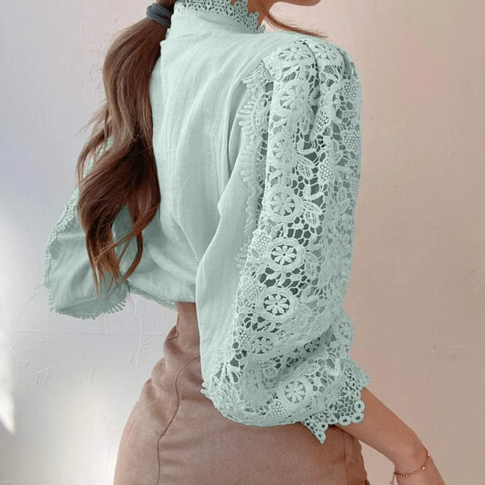 Women’s Elegant Lace Trim Shirts Casual Victorian Blouse Long Sleeve Button Down Tops