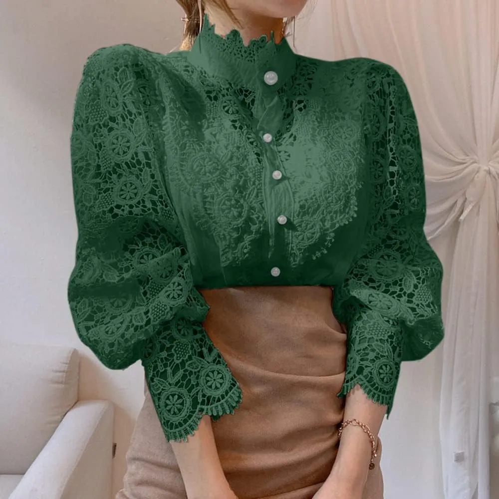 Women’s Elegant Lace Trim Shirts Casual Victorian Blouse Long Sleeve Button Down Tops