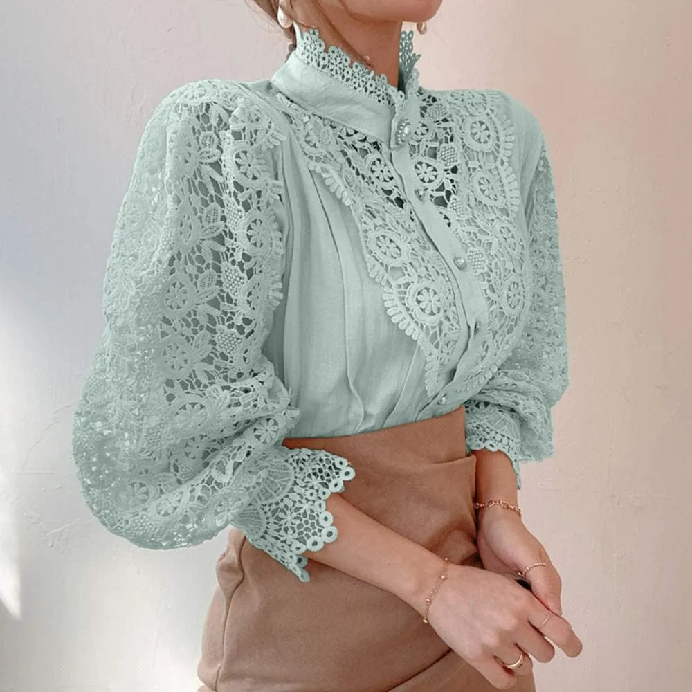 Women’s Elegant Lace Trim Shirts Casual Victorian Blouse Long Sleeve Button Down Tops
