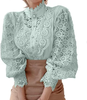 Women’s Elegant Lace Trim Shirts Casual Victorian Blouse Long Sleeve Button Down Tops