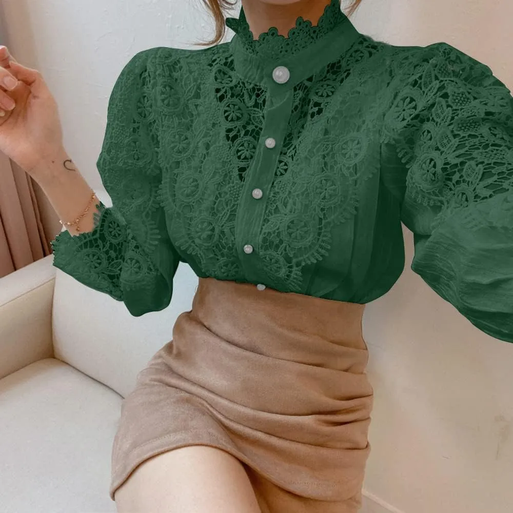 Women’s Elegant Lace Trim Shirts Casual Victorian Blouse Long Sleeve Button Down Tops