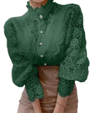 Women’s Elegant Lace Trim Shirts Casual Victorian Blouse Long Sleeve Button Down Tops