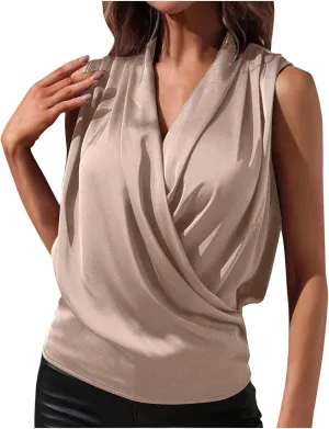 Women's Elegant Satin Tank Tops Wrap V Neck Sleeveless Tshirts Pleated Front Draped Blouse Tee Top for Party Work