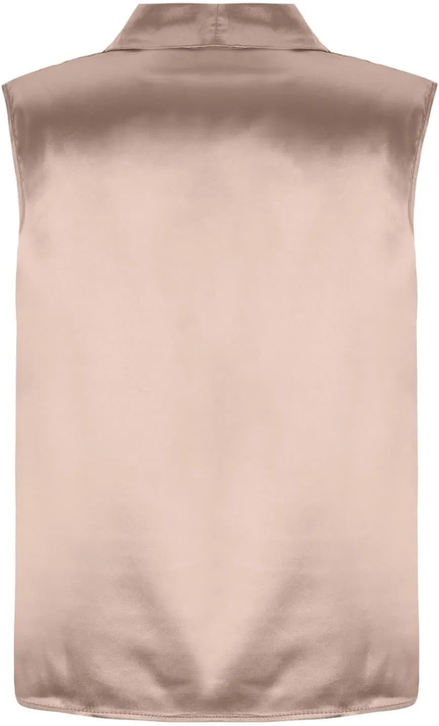 Women's Elegant Satin Tank Tops Wrap V Neck Sleeveless Tshirts Pleated Front Draped Blouse Tee Top for Party Work