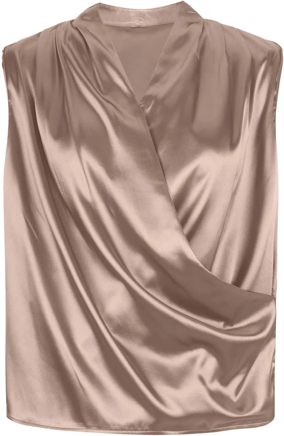 Women's Elegant Satin Tank Tops Wrap V Neck Sleeveless Tshirts Pleated Front Draped Blouse Tee Top for Party Work