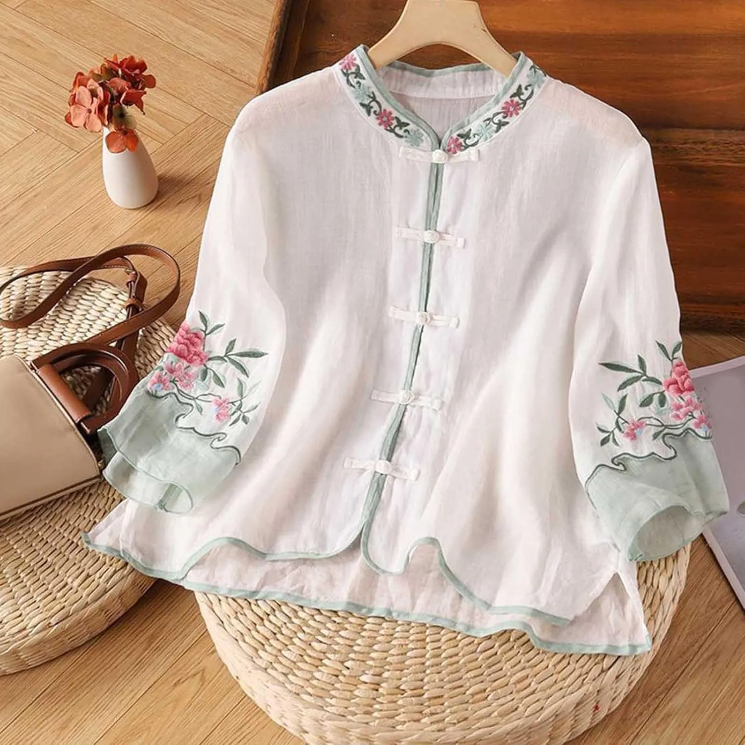 Women's Mandarin Neck Cotton Linen Blouses Retro Chinese Frog Button 3/4 Sleeve Tops Casual Floral Embroidered Shirts