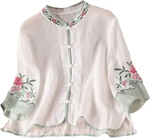 Women's Mandarin Neck Cotton Linen Blouses Retro Chinese Frog Button 3/4 Sleeve Tops Casual Floral Embroidered Shirts
