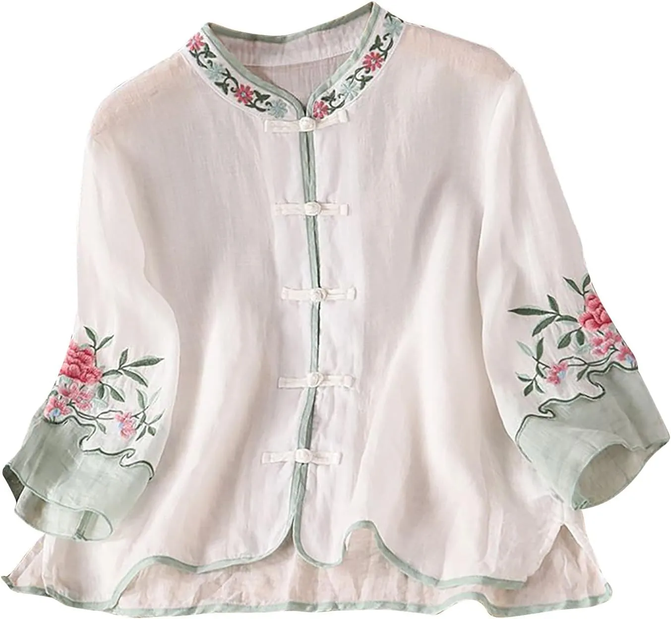 Women's Mandarin Neck Cotton Linen Blouses Retro Chinese Frog Button 3/4 Sleeve Tops Casual Floral Embroidered Shirts