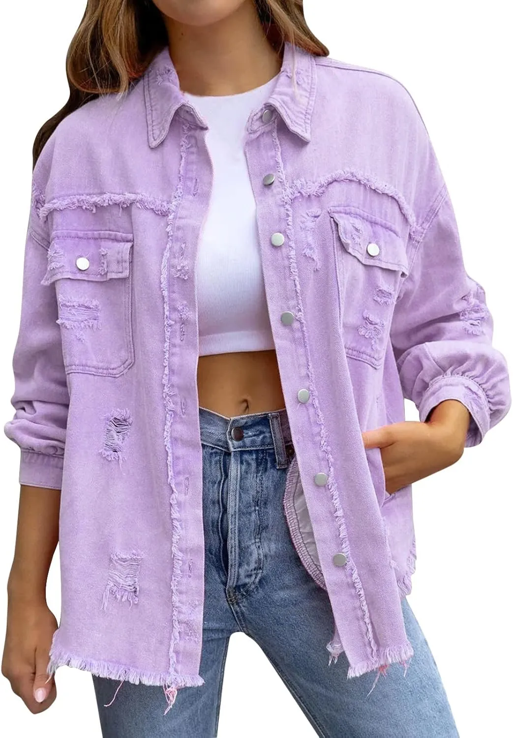 Women's Oversized Botton up Denim Jackets Classic Fit Crop Jean Jacket Stretch Casual Coat with Pockets Teen Girls