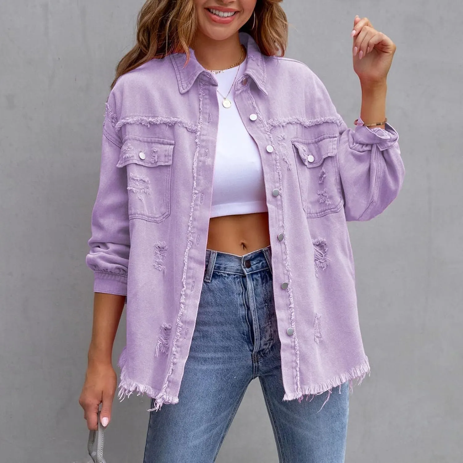 Women's Oversized Botton up Denim Jackets Classic Fit Crop Jean Jacket Stretch Casual Coat with Pockets Teen Girls