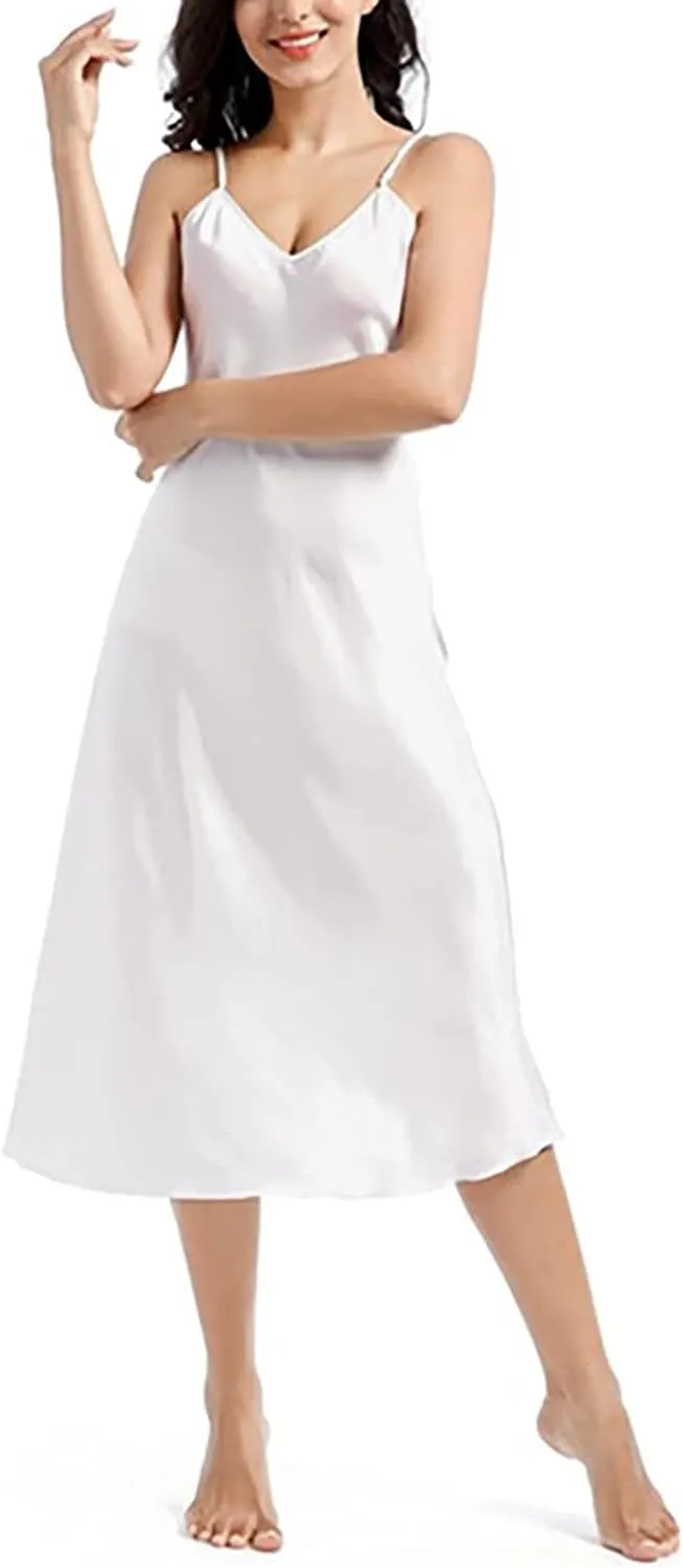 Womens Satin Nightgown Long Sleeveless Night Gowns Satin Silk Chemise Lingerie Slip Dress Nightgown Dress for Ladies