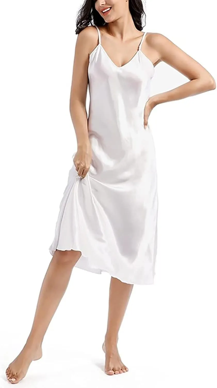 Womens Satin Nightgown Long Sleeveless Night Gowns Satin Silk Chemise Lingerie Slip Dress Nightgown Dress for Ladies
