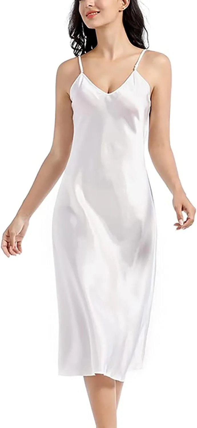 Womens Satin Nightgown Long Sleeveless Night Gowns Satin Silk Chemise Lingerie Slip Dress Nightgown Dress for Ladies
