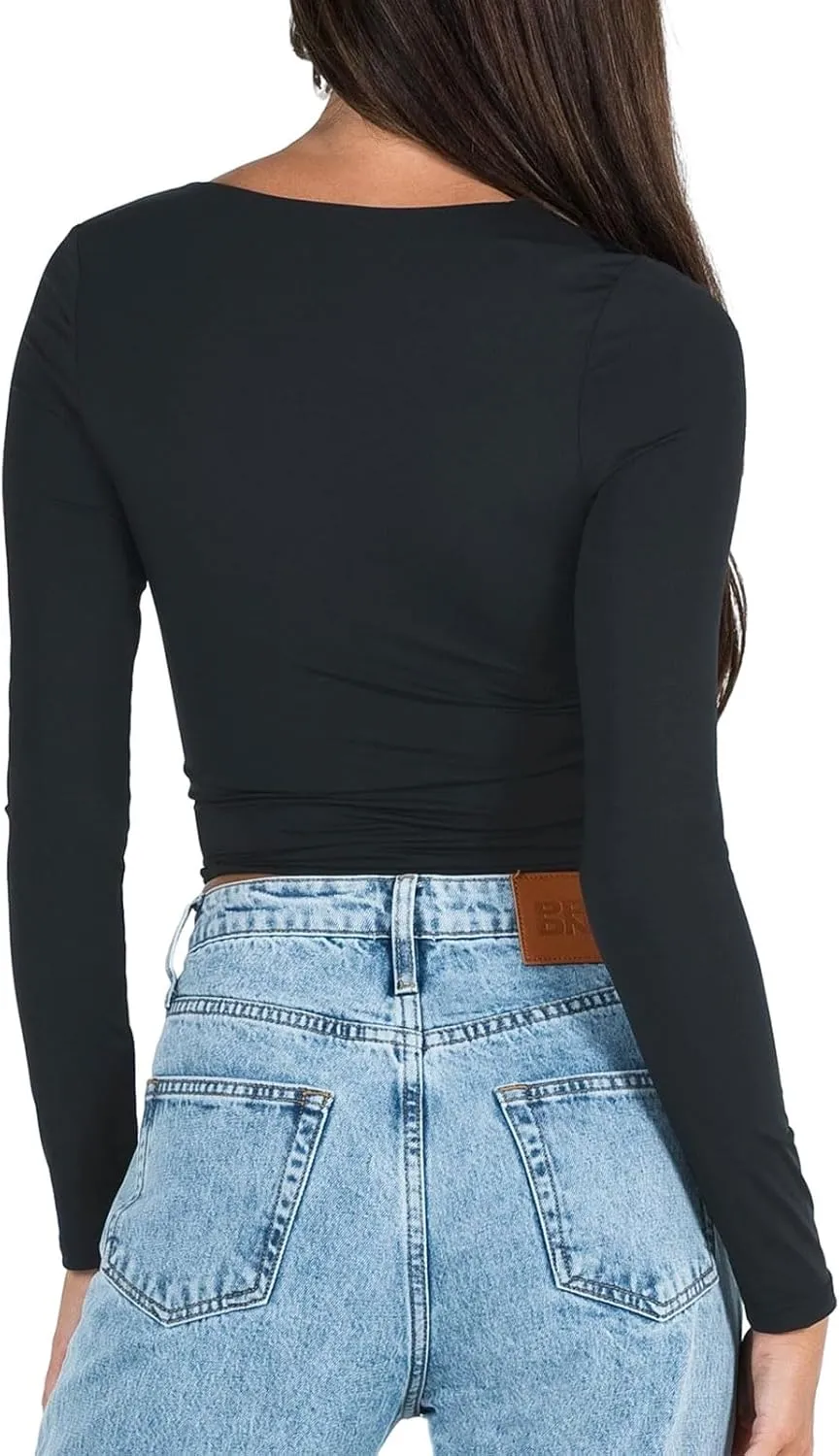 Women's Sexy Square Neck Crop Top Basic Long Sleeve Slim Fit Cropped T Shirts Going Out Tops Fall Tight Tee Blouses