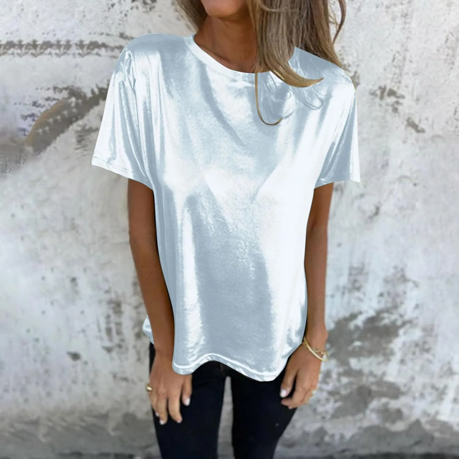 Women's Shiny Metallic Short Sleeve T Shirt Trendy Crew Neck Summer Tops Party Disco Club Tees
