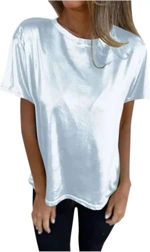 Women's Shiny Metallic Short Sleeve T Shirt Trendy Crew Neck Summer Tops Party Disco Club Tees