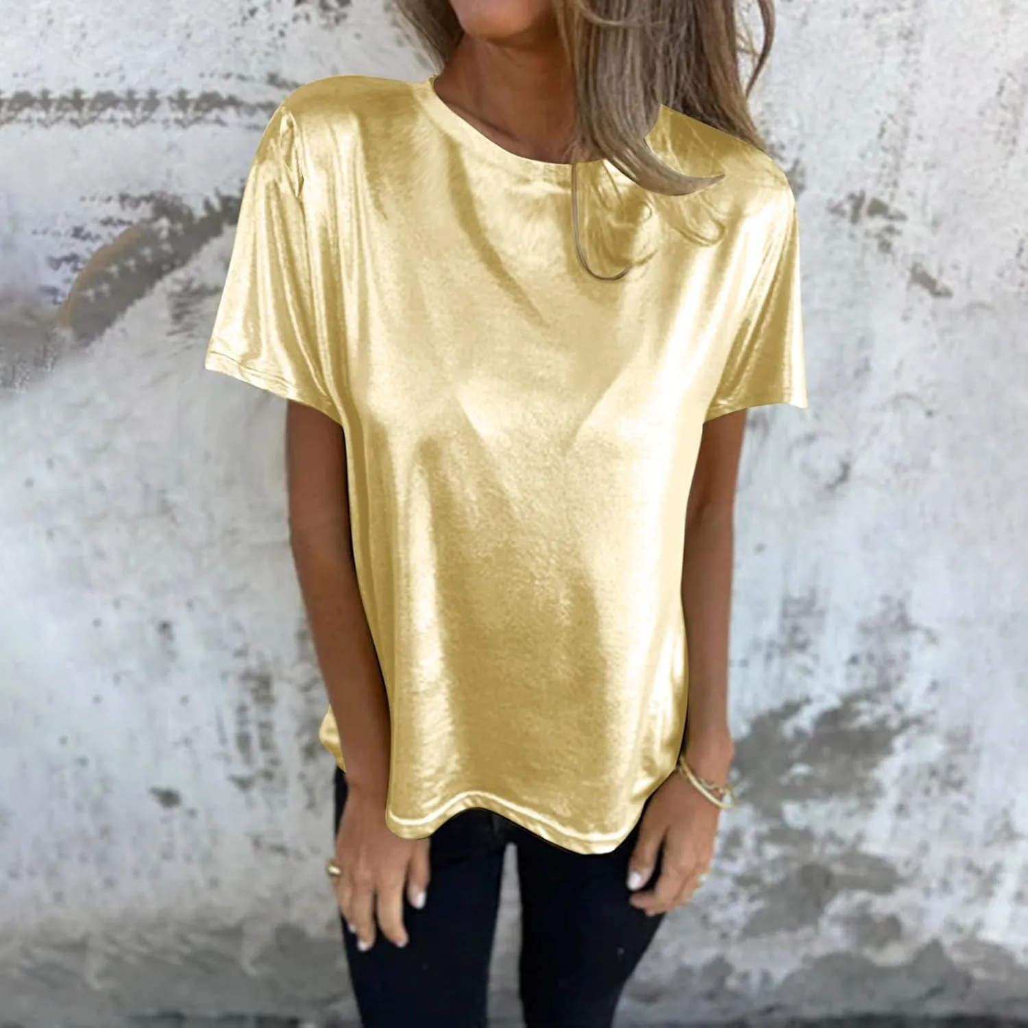 Women's Shiny Metallic Short Sleeve T Shirt Trendy Crew Neck Summer Tops Party Disco Club Tees