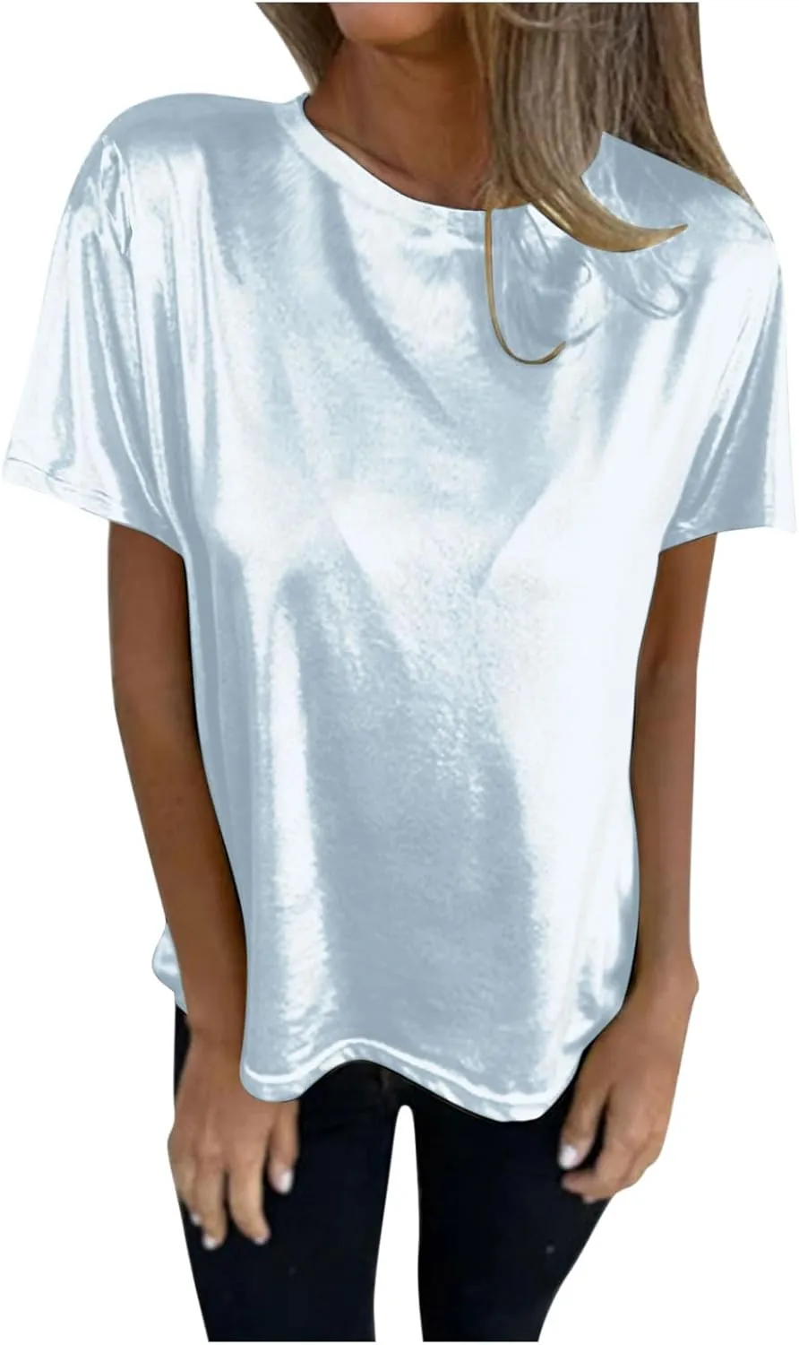 Women's Shiny Metallic Short Sleeve T Shirt Trendy Crew Neck Summer Tops Party Disco Club Tees