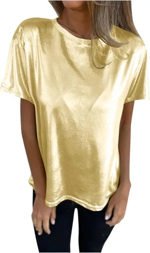 Women's Shiny Metallic Short Sleeve T Shirt Trendy Crew Neck Summer Tops Party Disco Club Tees