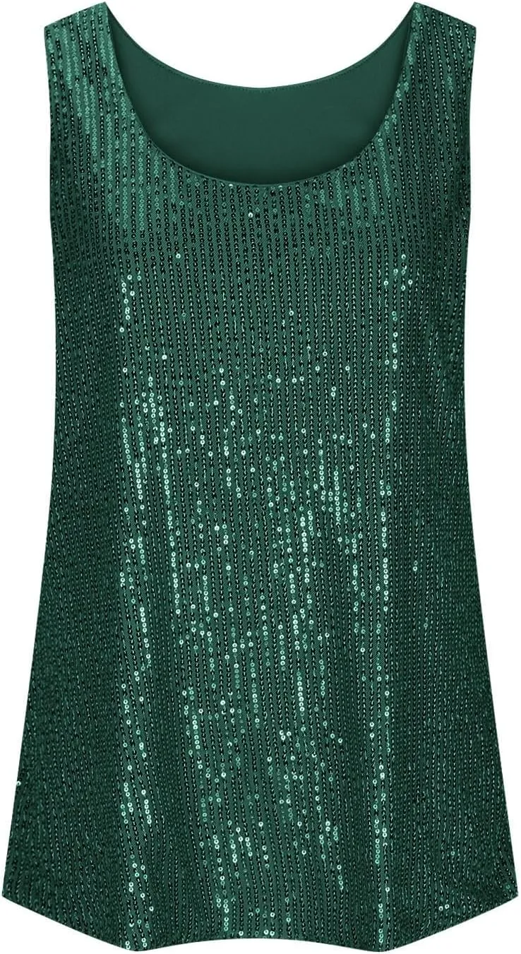 Womens Summer Fashion Sequin Tops Neck Sequin Sleeveless Tanks Tops Blouses