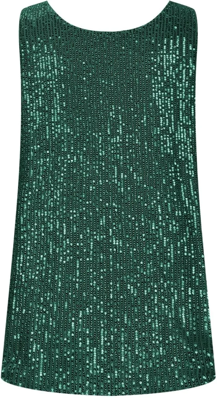 Womens Summer Fashion Sequin Tops Neck Sequin Sleeveless Tanks Tops Blouses