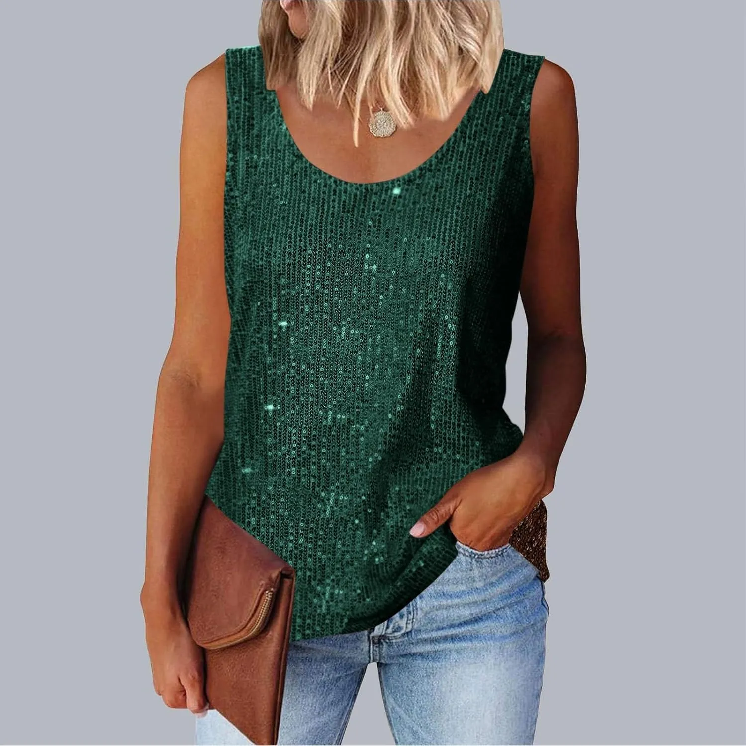 Womens Summer Fashion Sequin Tops Neck Sequin Sleeveless Tanks Tops Blouses