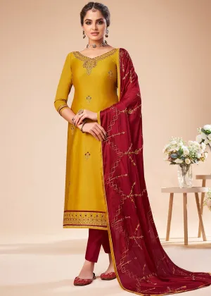 Yellow and Red Embroidered Salwar Suit