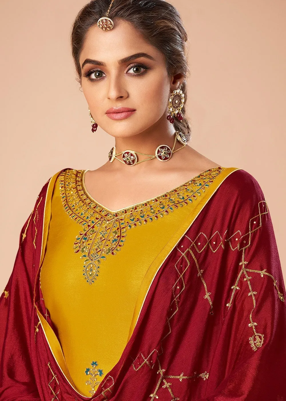 Yellow and Red Embroidered Salwar Suit