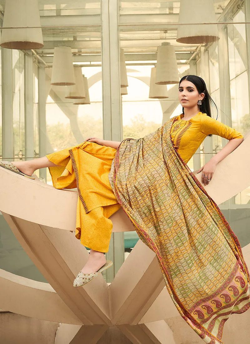 Yellow Embroidered Cotton Palazzo Suit